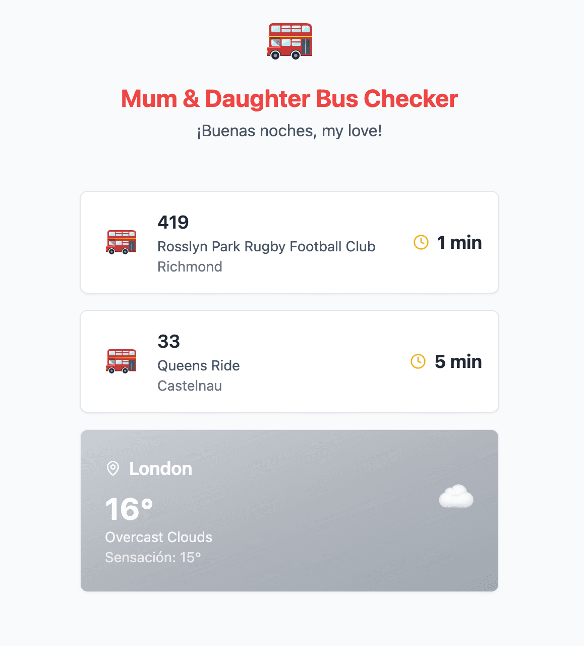 Screenshot of the Mum & Daughter Bus Checker demo