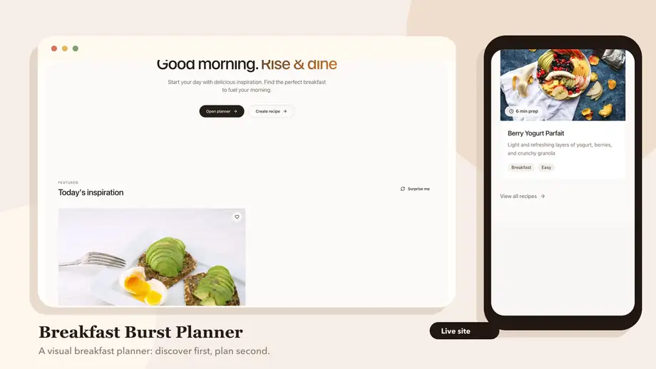Breakfast Burst Planner project card showing desktop and mobile views