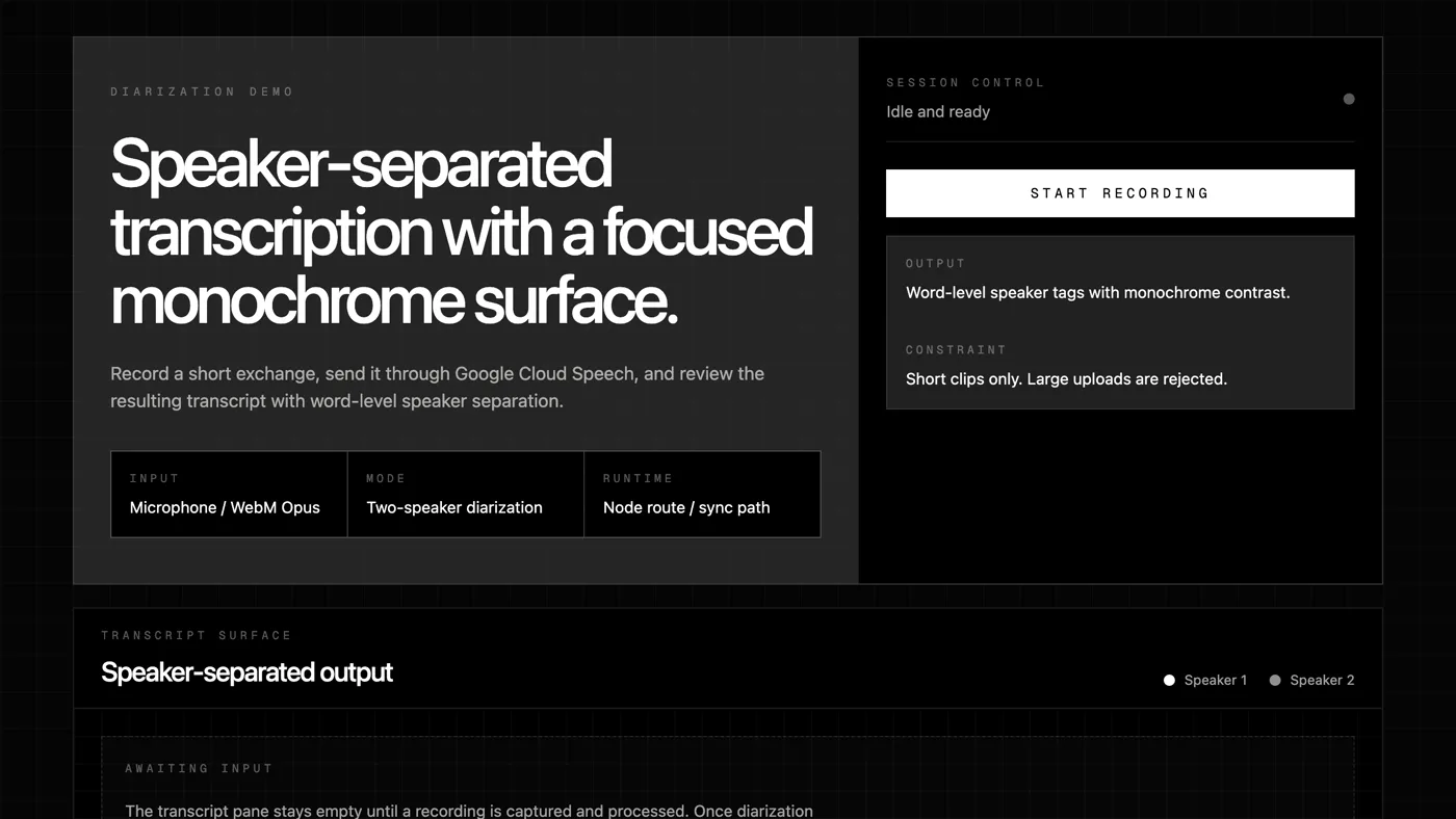 Diarization Demo monochrome interface with session controls and speaker separated transcript surface