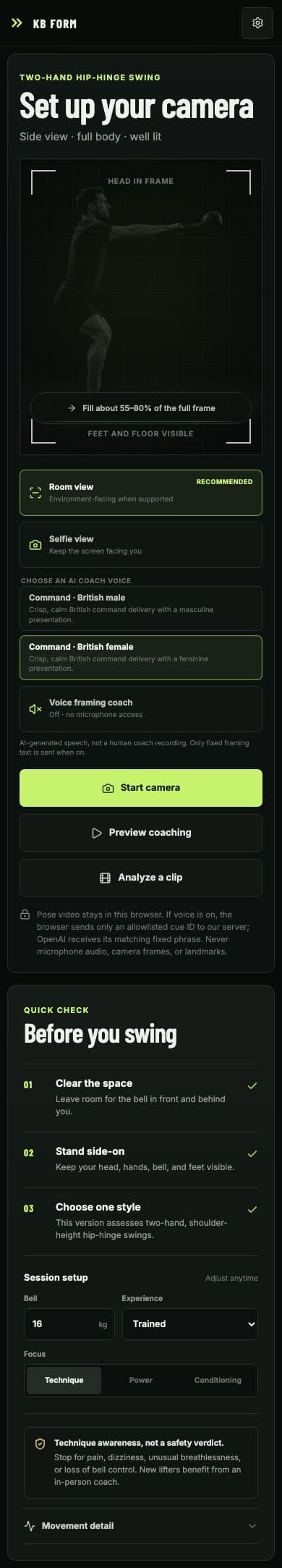 Mobile KB FORM camera setup with full-frame guide, British male and female AI voice options, and local-processing disclosure