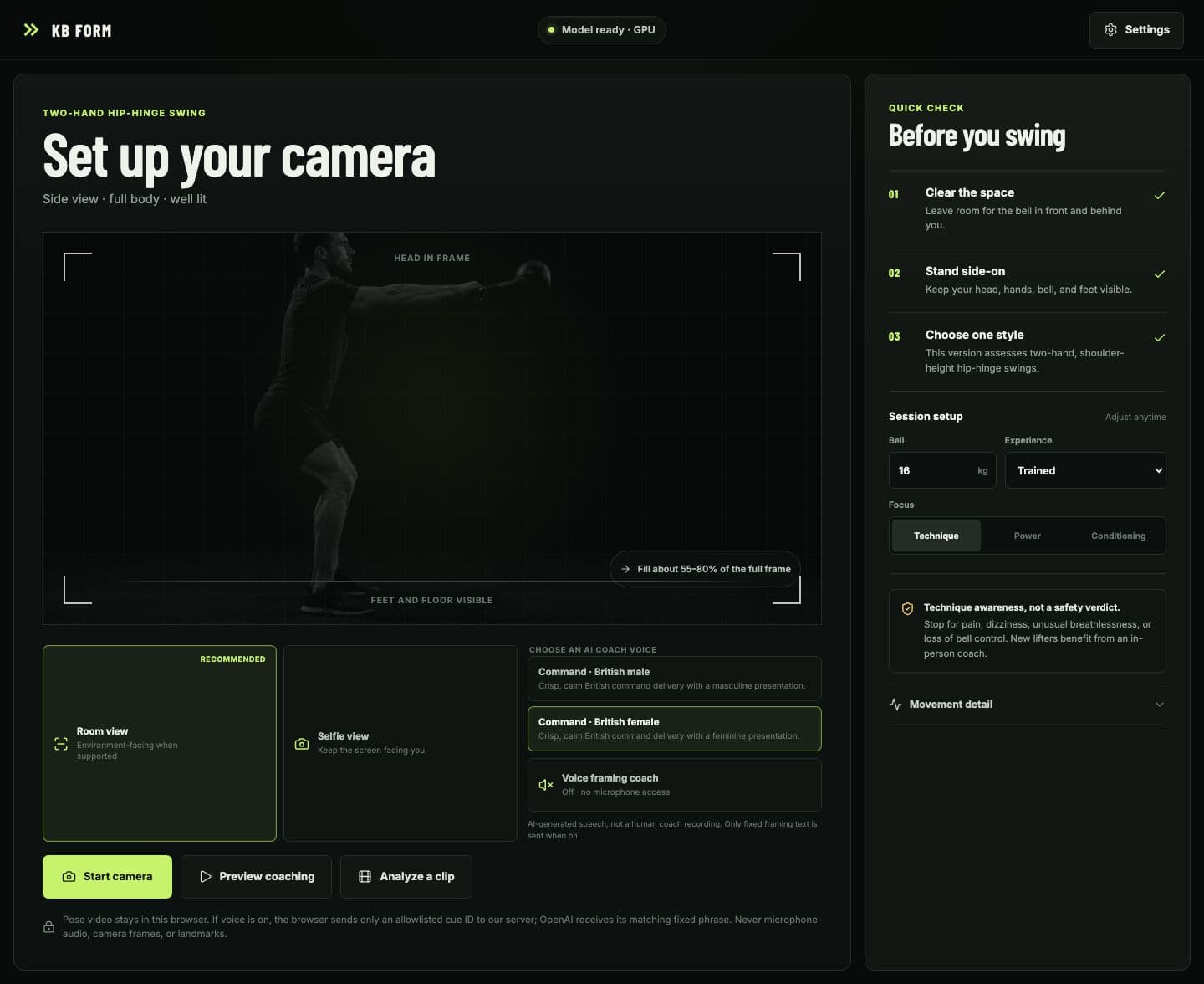 Desktop KB FORM camera setup with room and selfie views, two disclosed British AI voice profiles, and a no-microphone privacy boundary