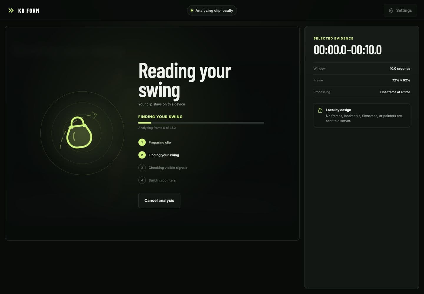 Desktop KB FORM local analysis screen with animated kettlebell, progress bar, processing stages, and cancel action
