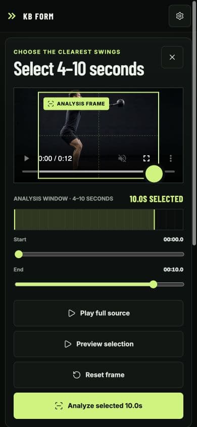 Mobile KB FORM clip editor with source preview, spatial frame, ten-second timeline, and analysis action
