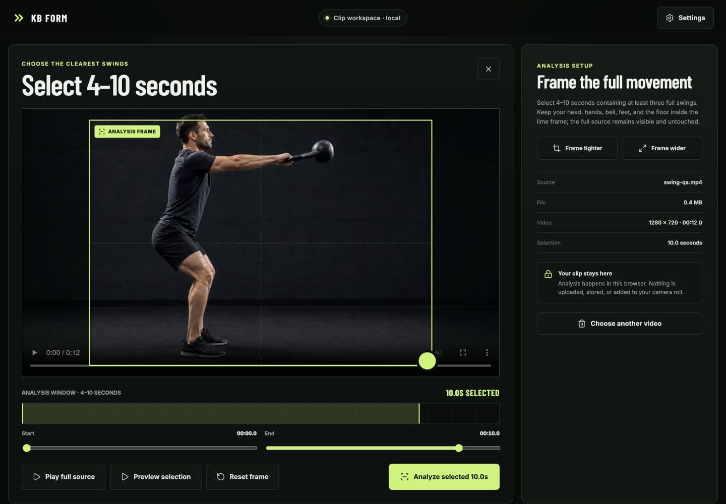 KB FORM private clip editor with a ten-second analysis window and adjustable spatial frame