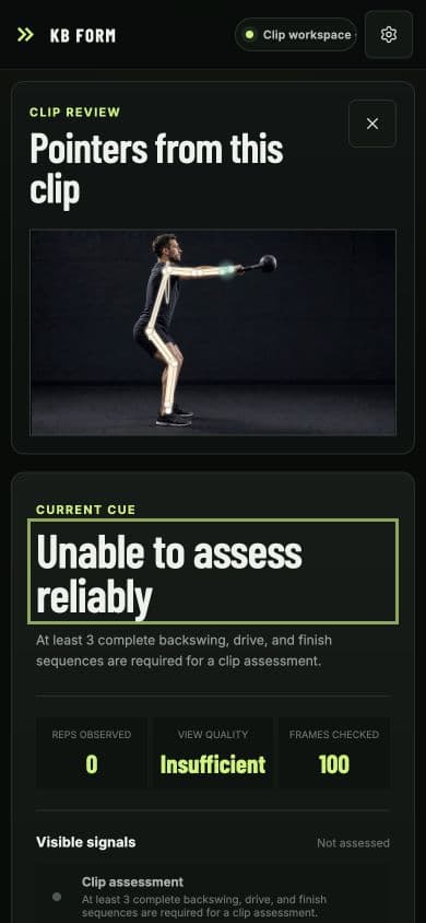 Mobile KB FORM clip result with pose overlay, coaching cue, evidence summary, and visible signals