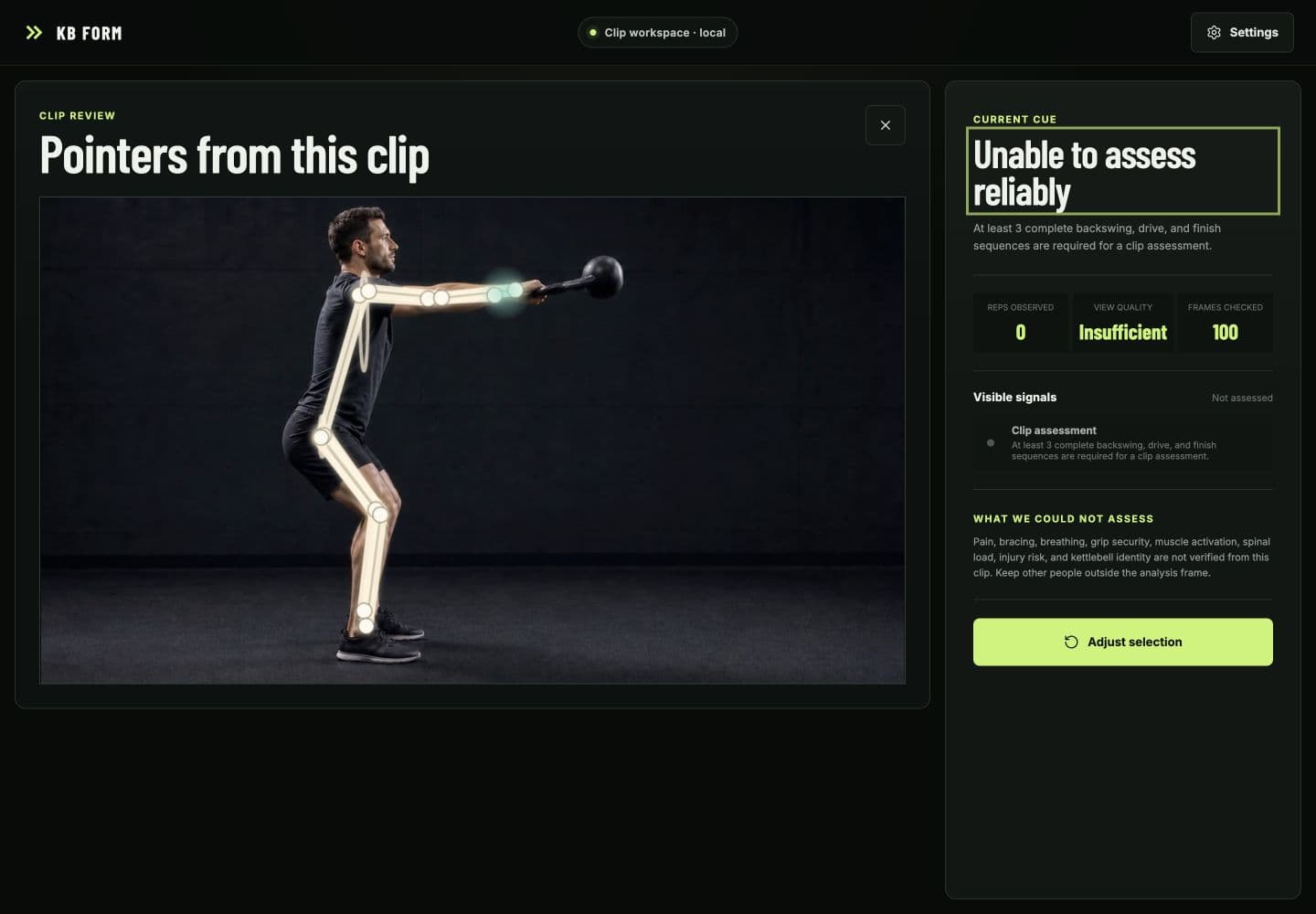 Desktop KB FORM clip result with pose overlay, current cue, repetition evidence, view quality, and model limitations
