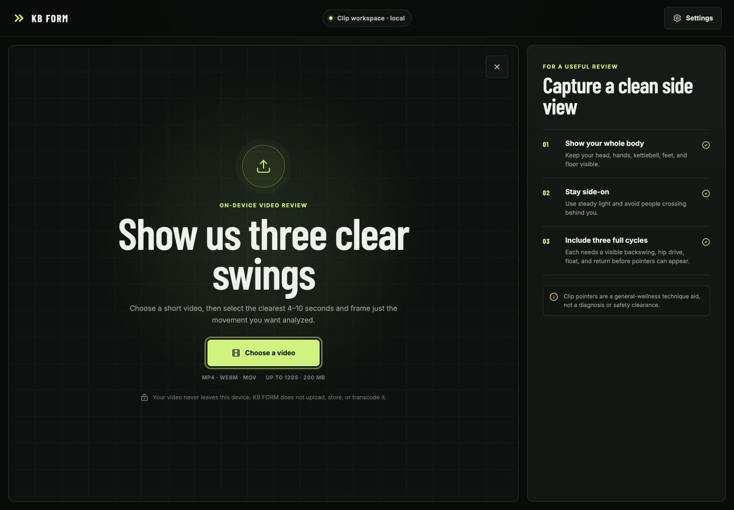Desktop KB FORM clip upload screen with privacy, framing, format, duration, and size guidance