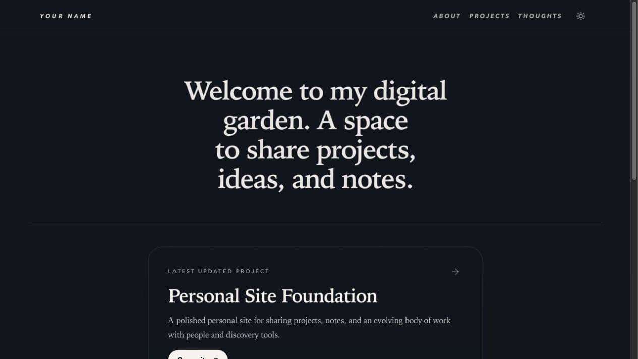 Neutral personal site template matching this blog with an editorial introduction and featured project