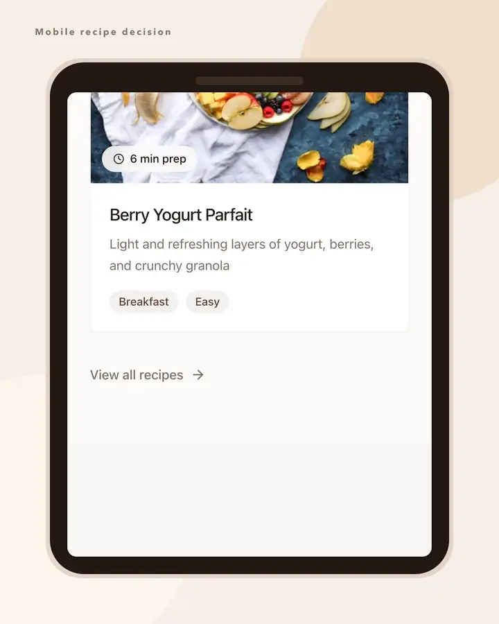 Breakfast Burst Planner mobile recipe card with prep time, tags, and browse link
