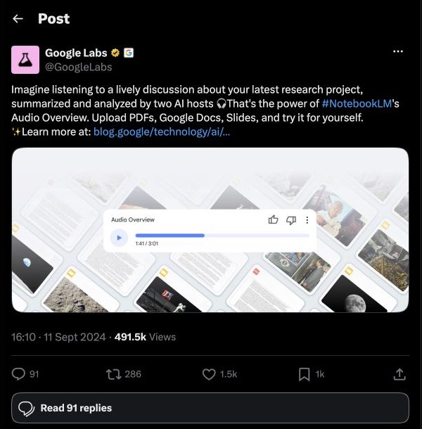 Google Labs X post introducing NotebookLM Audio Overviews